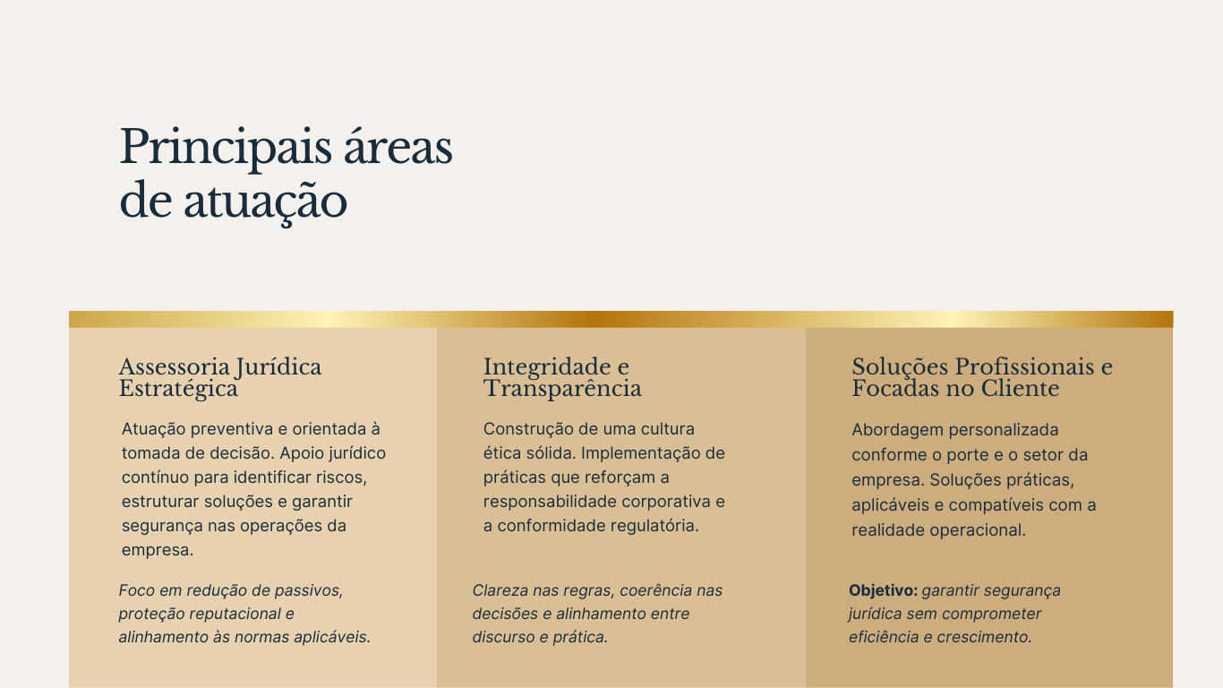 Áreas de atuação em compliance e assessoria jurídica empresarial para PMEs em Vitória ES